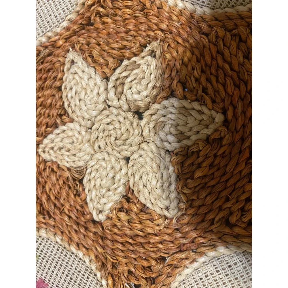 Woven Rattan Table Centerpiece 1970's MCM Needlepoint  Roses-As Is